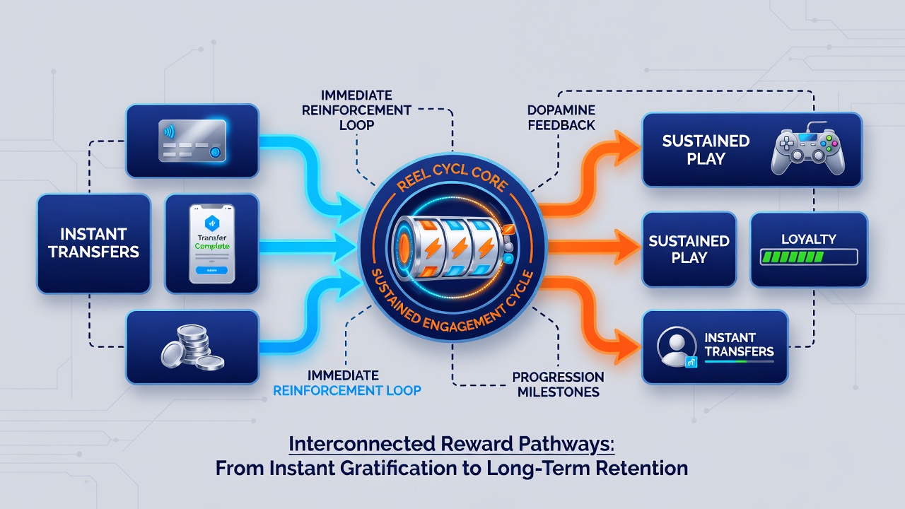 Flowchart illustrating how instant transfers feed into reward accumulation across slots, live dealers, and sports betting