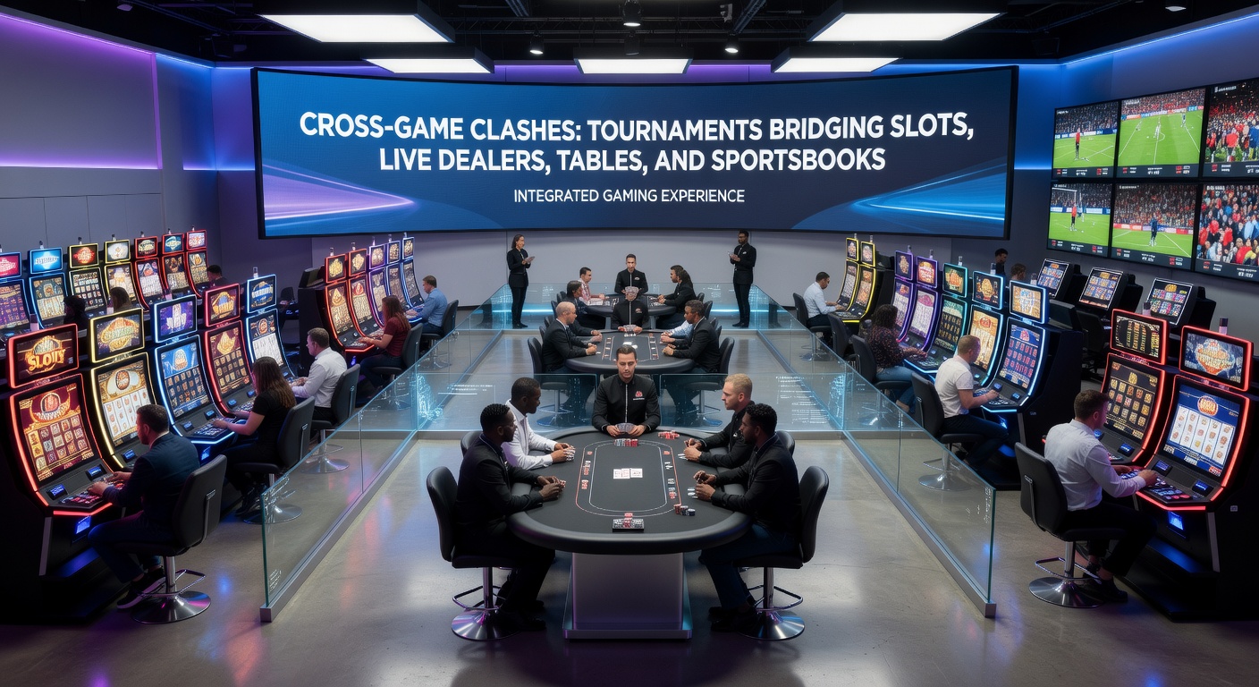 Excited competitors celebrating a win in a multi-game tournament, with screens showing slots, dealer cams, table layouts, and betting slips