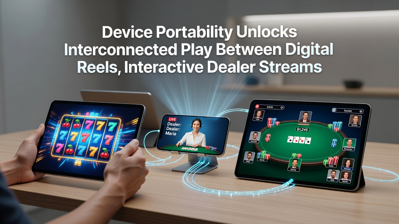Tablet screen showing live dealer stream alongside sports betting odds and slot game thumbnails with portable device icons