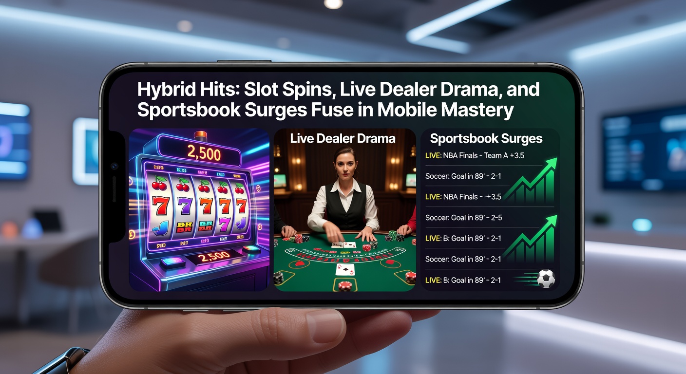 Dynamic hybrid app dashboard showing live soccer odds overlaying a slot game with dealer video feed in the corner