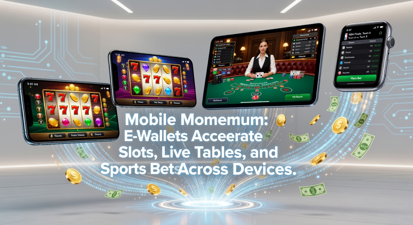 Close-up of a hand holding a phone mid-transaction via e-wallet, with overlaid graphics of slot reels spinning, a live roulette wheel, and sports odds updating in real-time