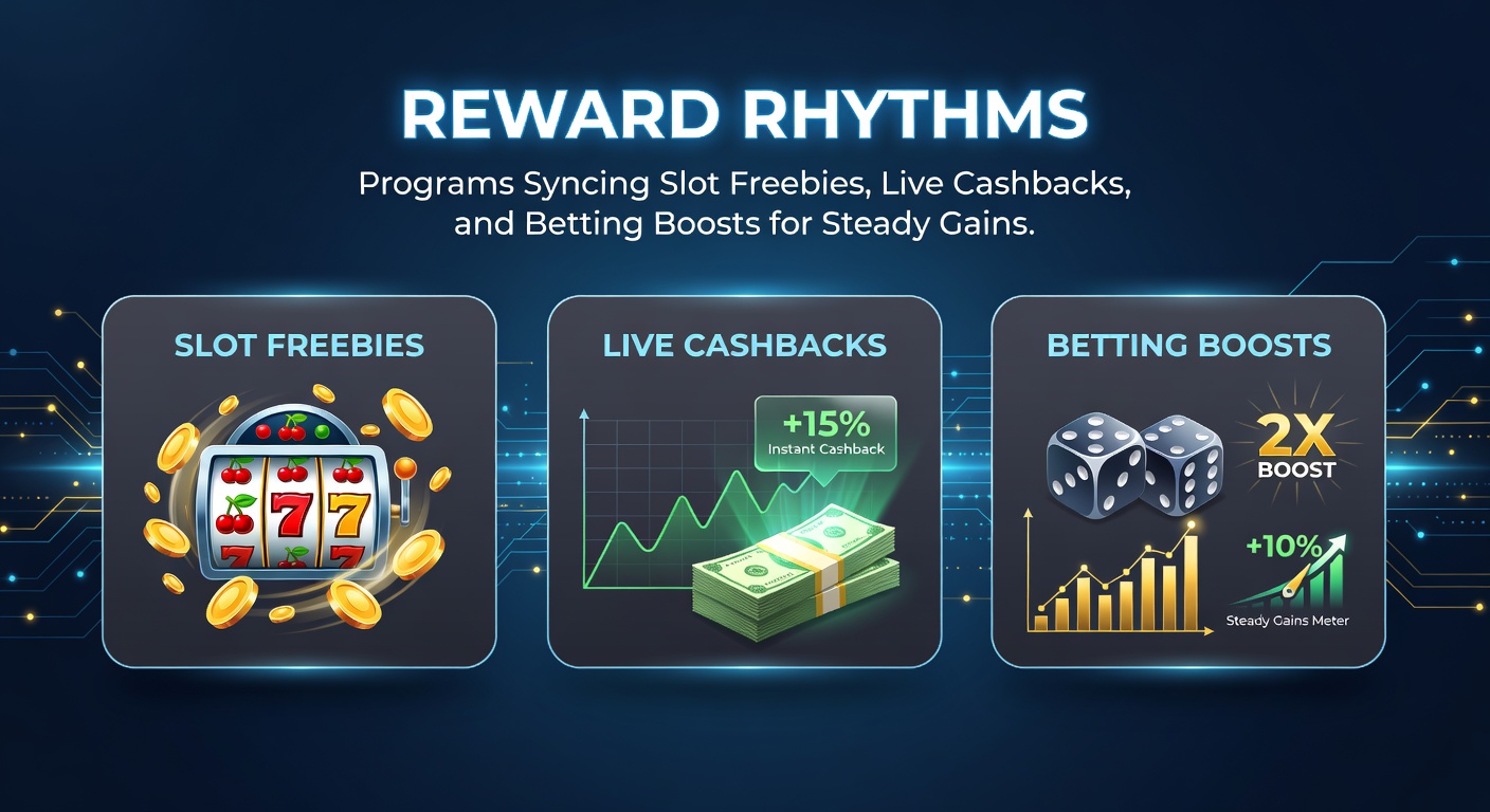 Dynamic graphic showing a player's dashboard with interconnected reward bars filling up from slots, live games, and sports bets, representing rhythmic progression toward steady gains