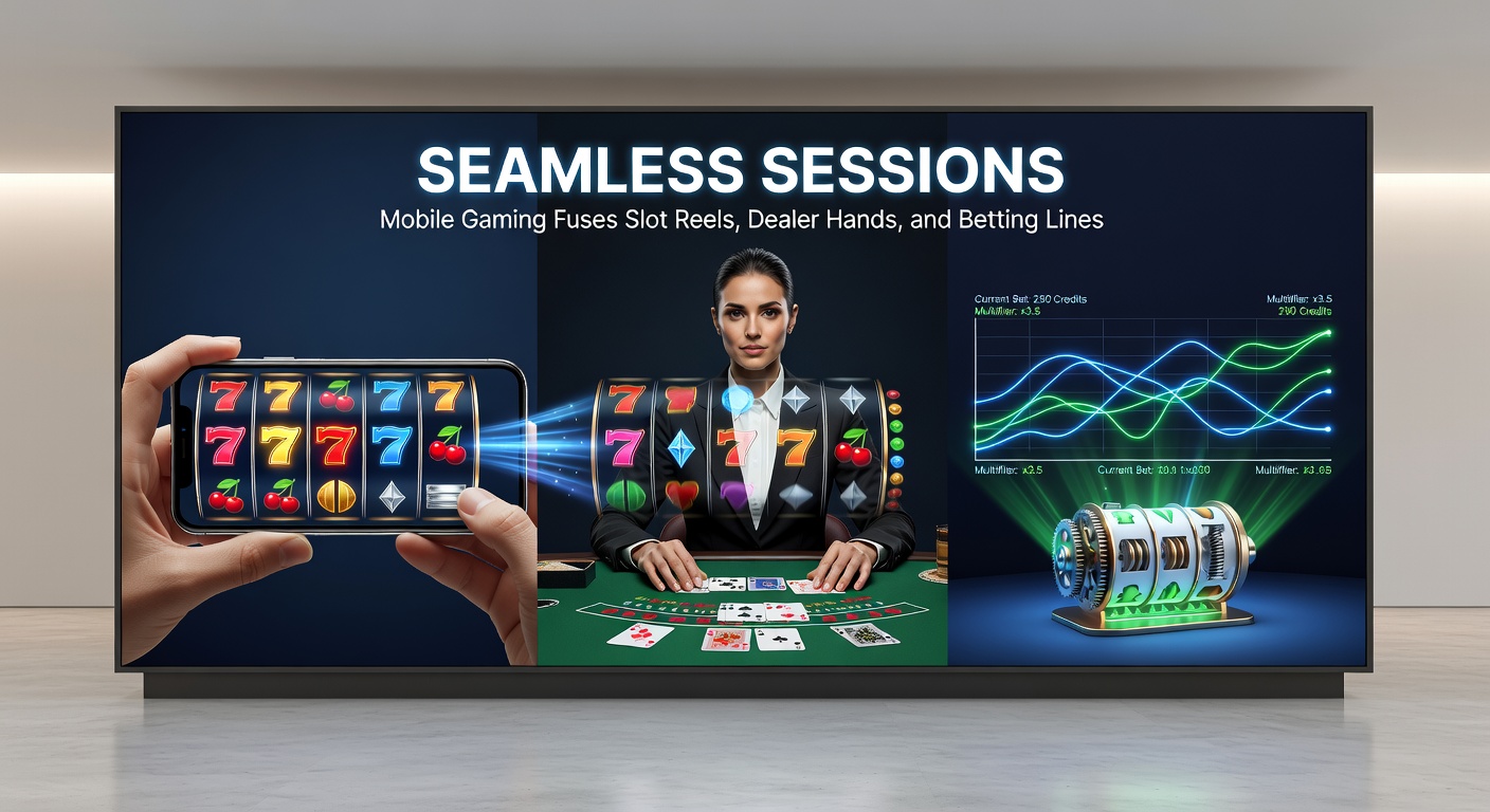 Split-screen mobile interface showing live roulette dealer, spinning slot reels, and NFL betting lines active simultaneously during a unified gaming session
