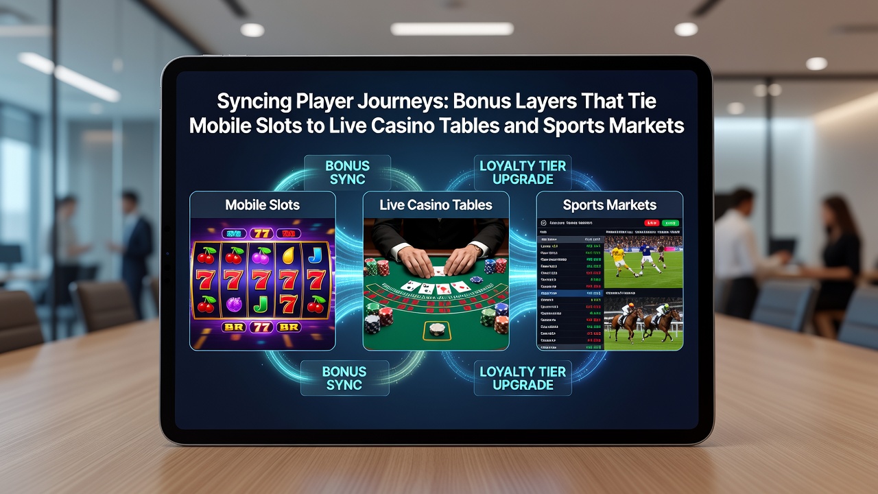 Dashboard view of bonus layers connecting slots, live tables, and sports markets with progress indicators