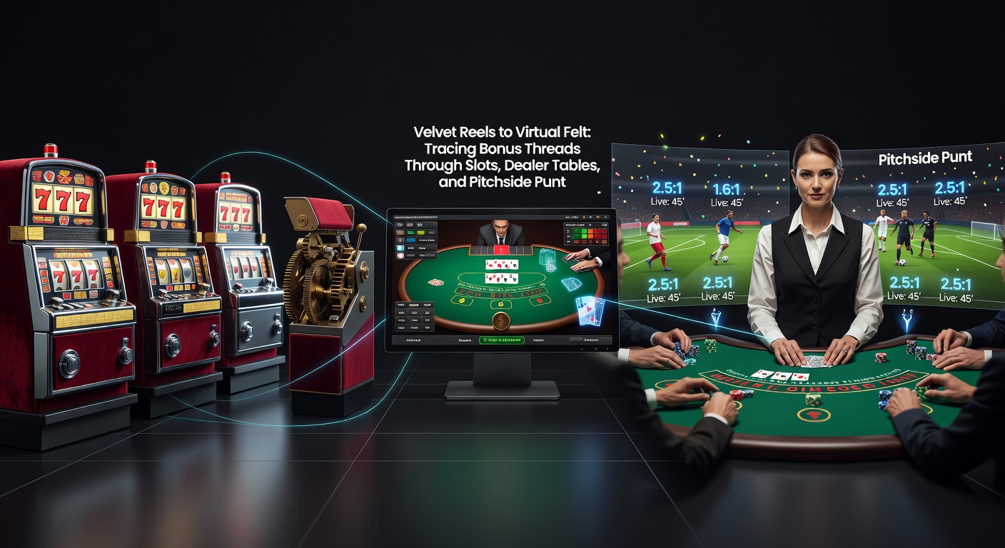 Dynamic graphic of bonus icons linking slot machines, poker chips on a table, and a soccer ball in motion, symbolizing unified reward pathways